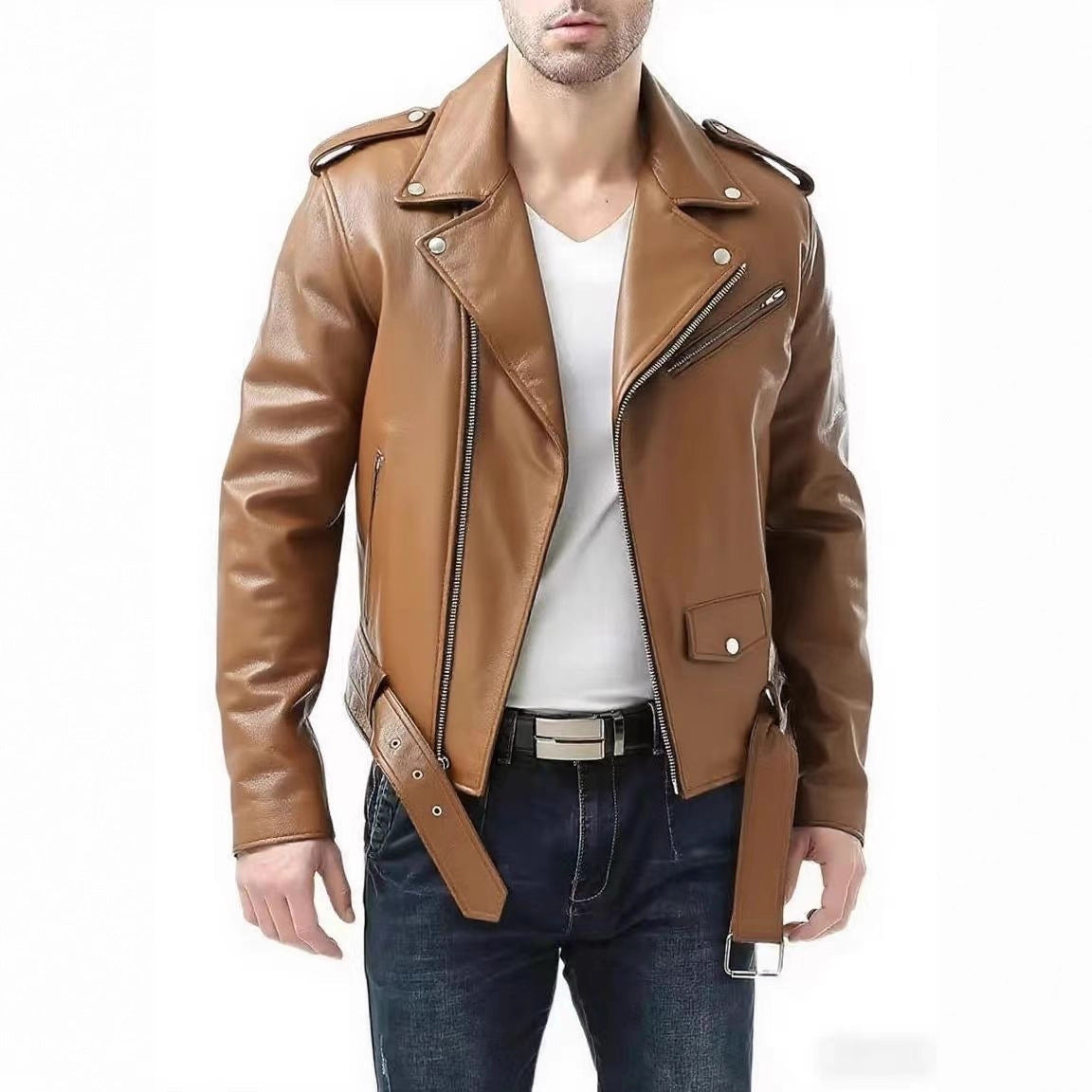 Stylish Slim-fit And Handsome Mens PU Leather Jacket With A Zipper