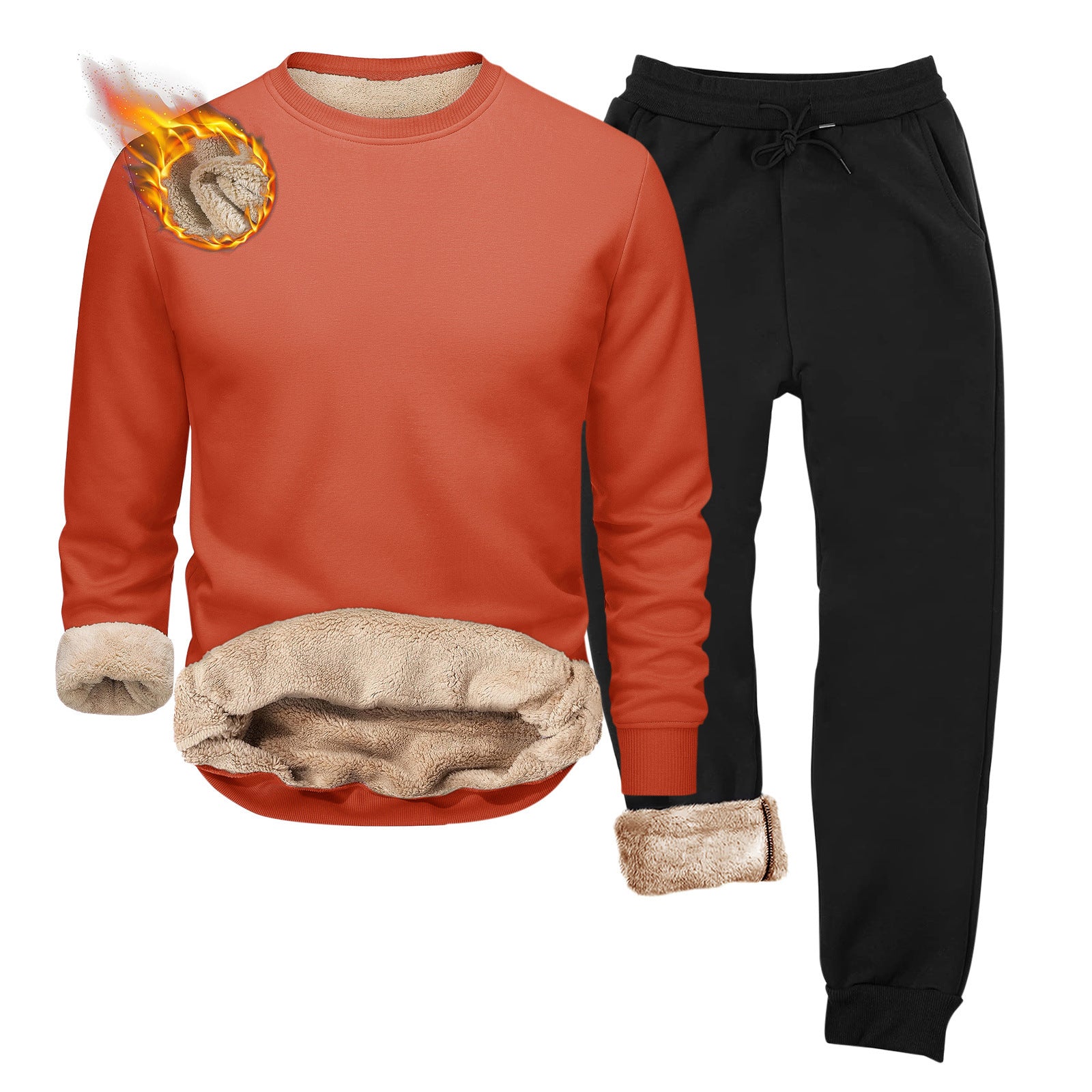 European And American-style Crew-neck Fleece-lined, Heavyweight Long-sleeve Hoodie And Sweatpants Two-piece Athletic Set