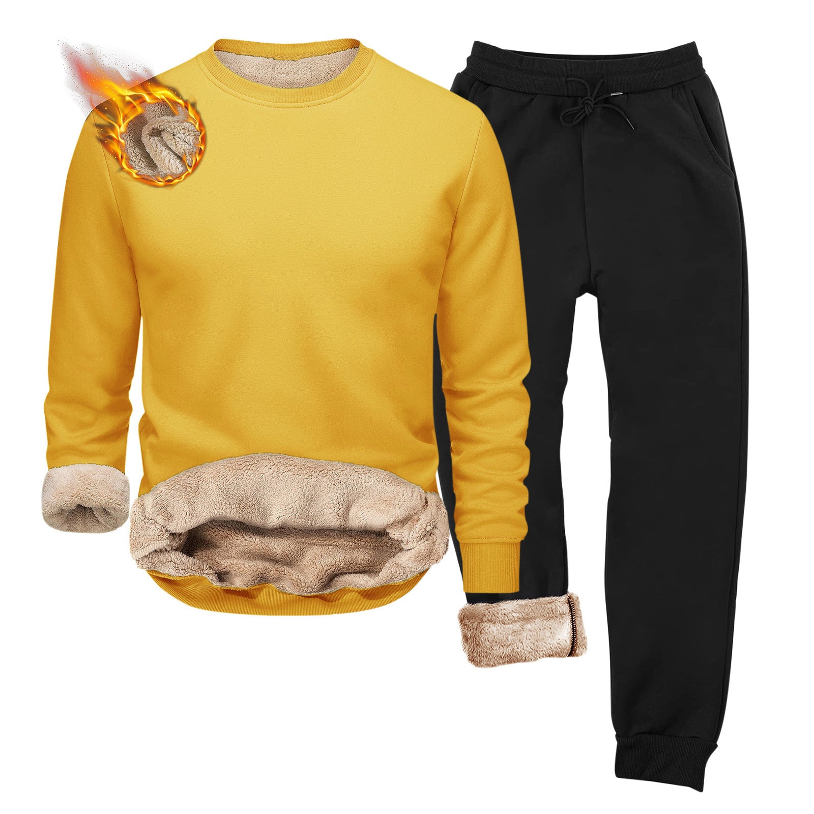 European And American-style Crew-neck Fleece-lined, Heavyweight Long-sleeve Hoodie And Sweatpants Two-piece Athletic Set