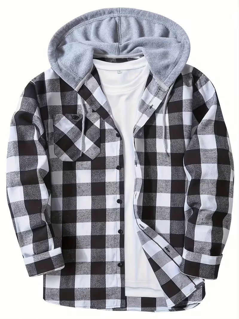 New Mens Long-sleeve Plaid Hoodie Shirt