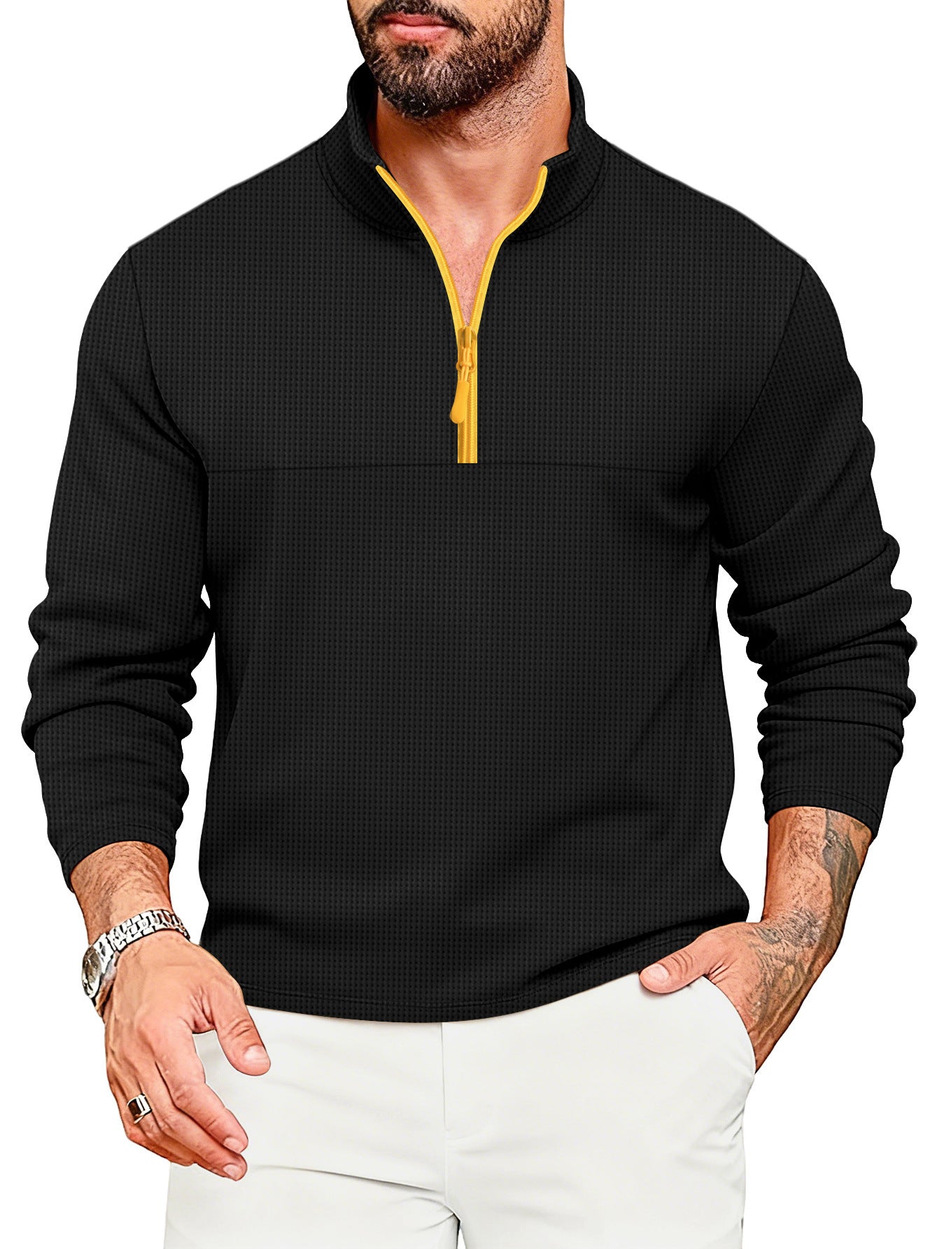 Mens Casual Sporty Color-Block Long-Sleeve Turtleneck Half-Zip Top