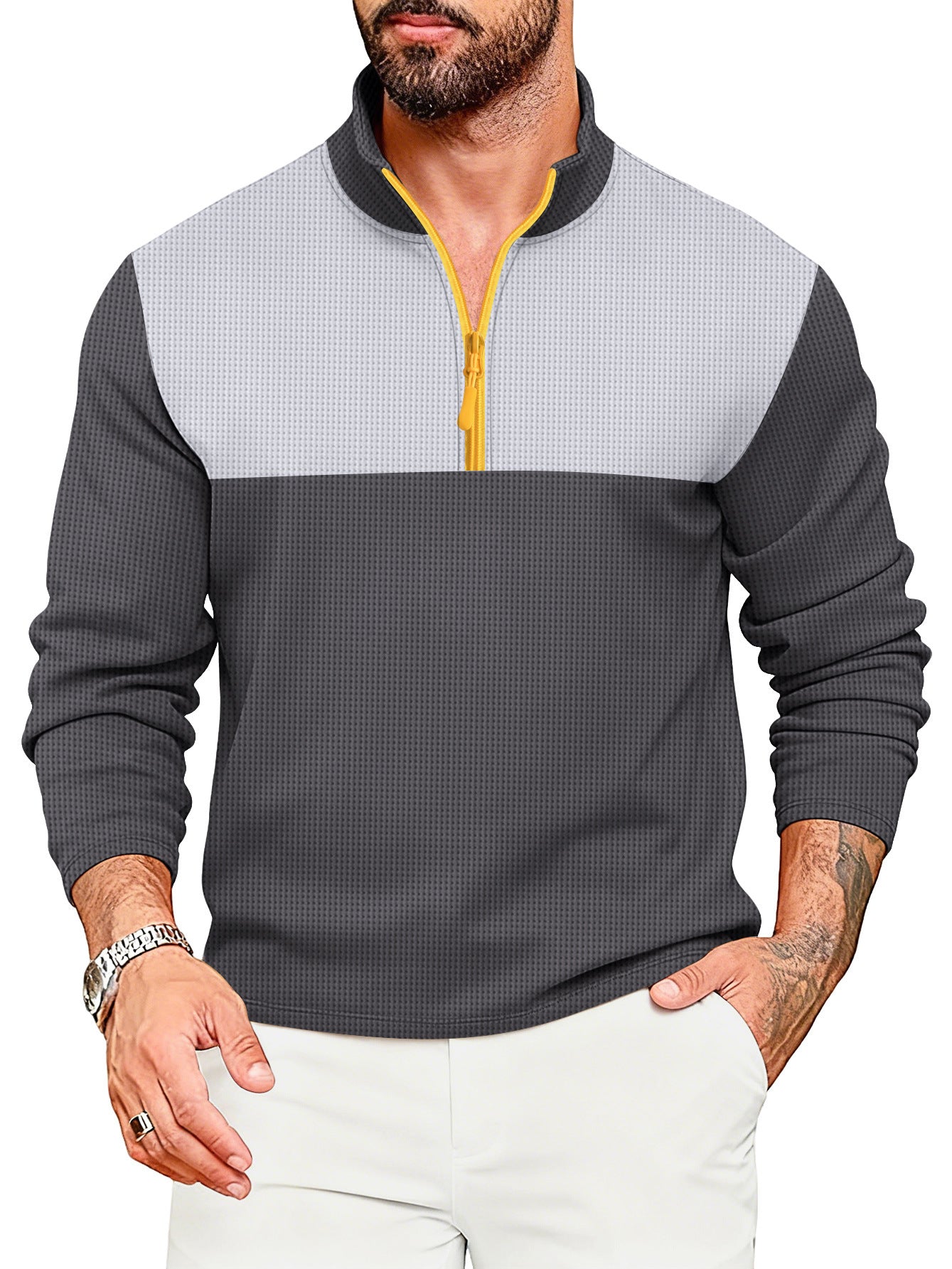Mens Casual Sporty Color-Block Long-Sleeve Turtleneck Half-Zip Top