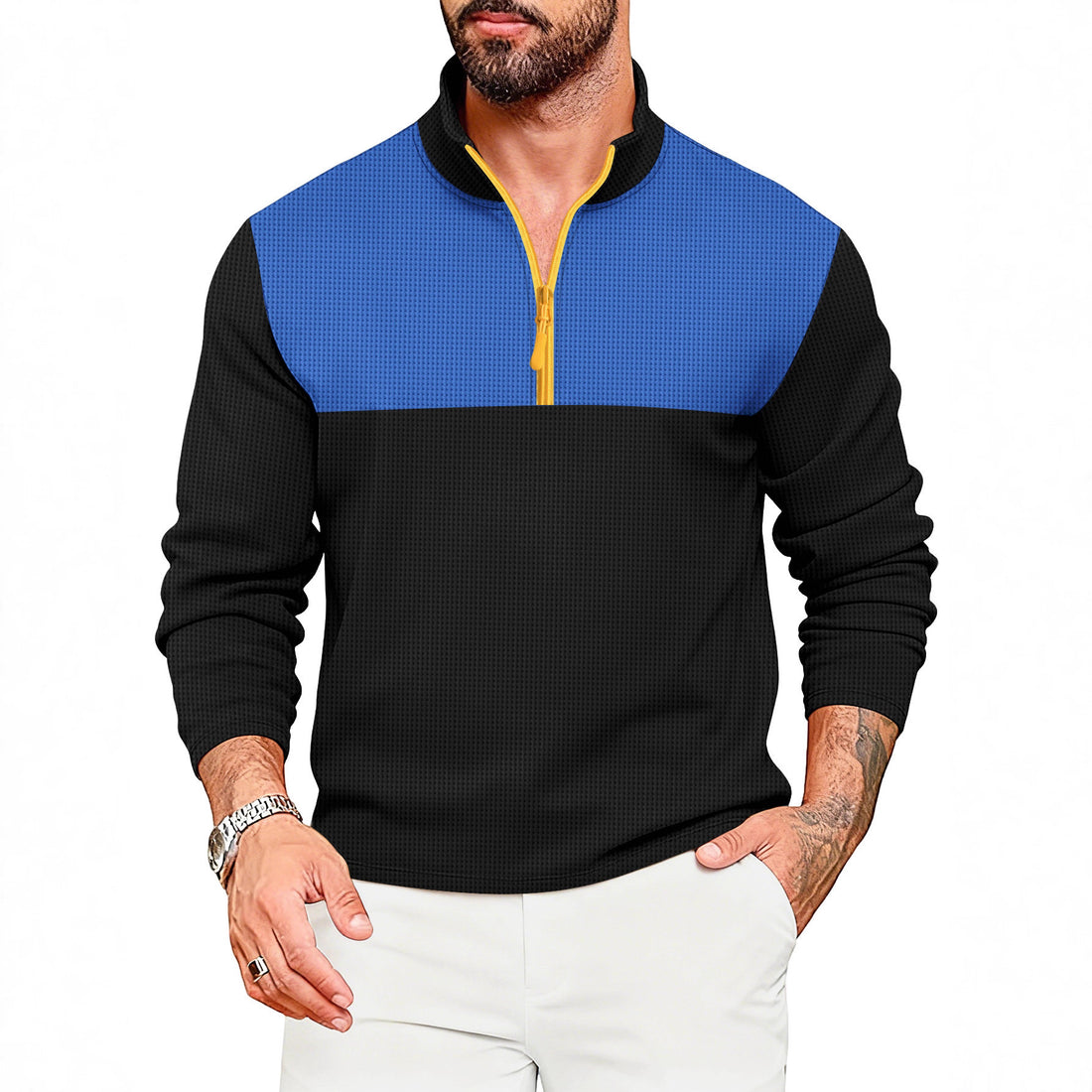 Mens Casual Sporty Color-Block Long-Sleeve Turtleneck Half-Zip Top