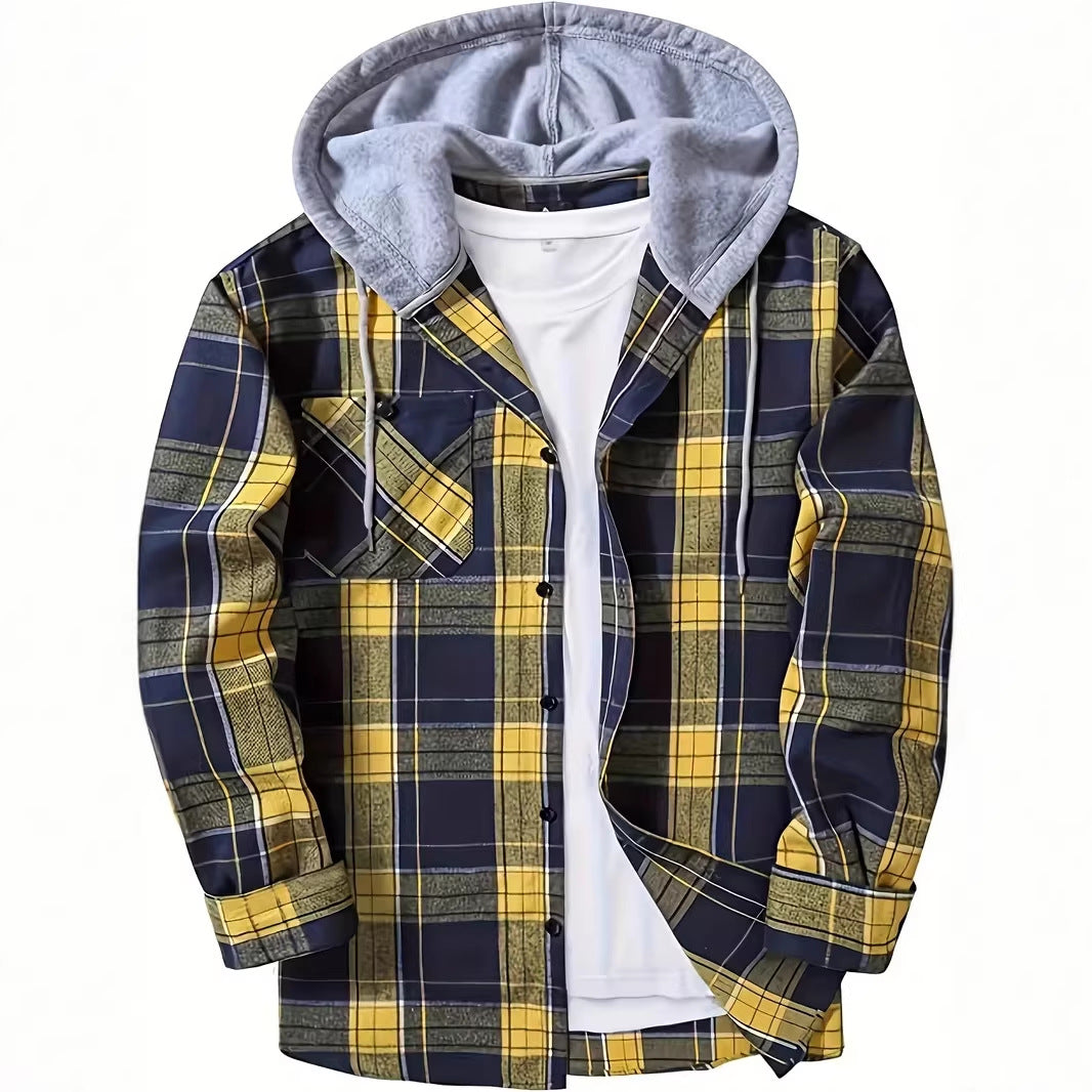 New Mens Long-sleeve Plaid Hoodie Shirt