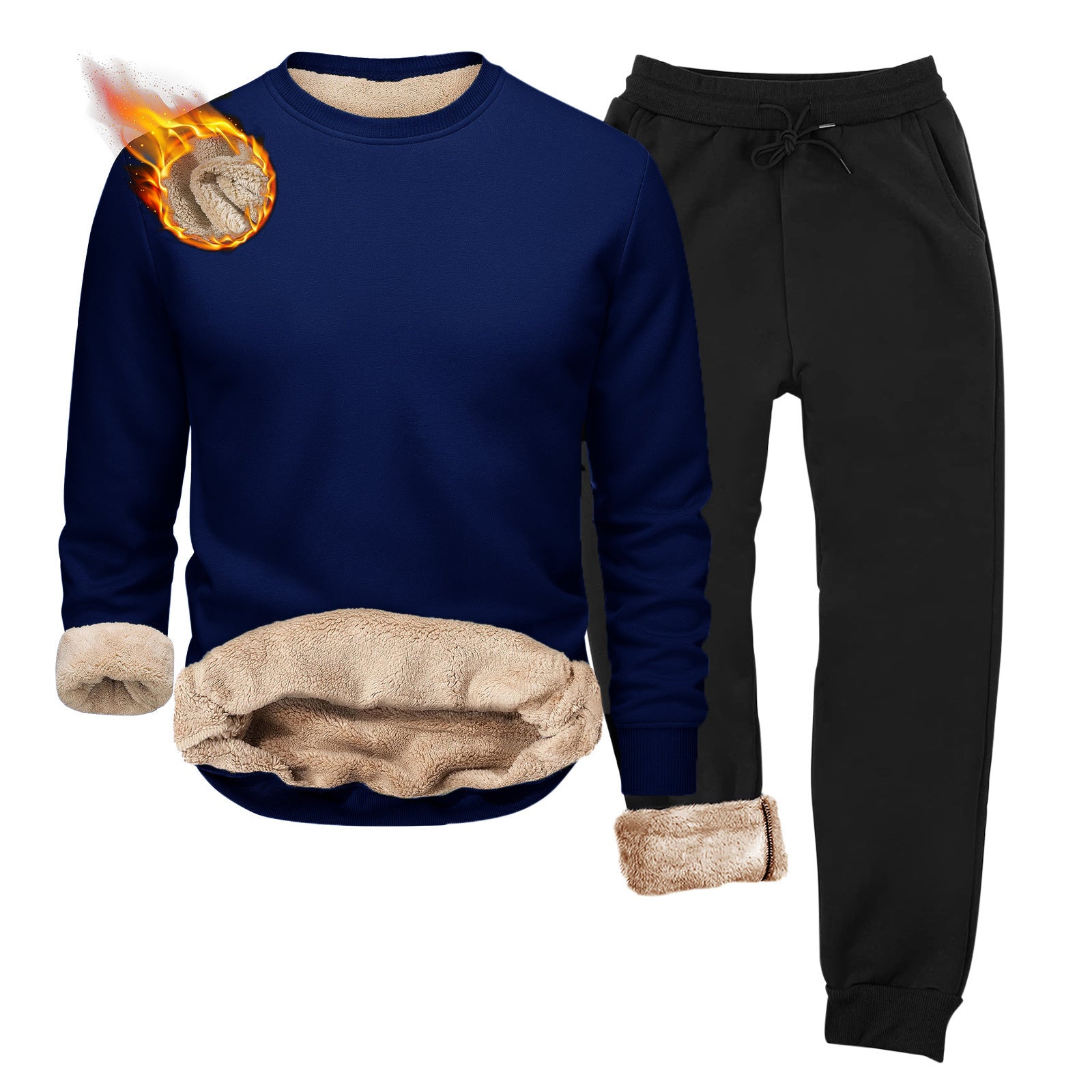 European And American-style Crew-neck Fleece-lined, Heavyweight Long-sleeve Hoodie And Sweatpants Two-piece Athletic Set