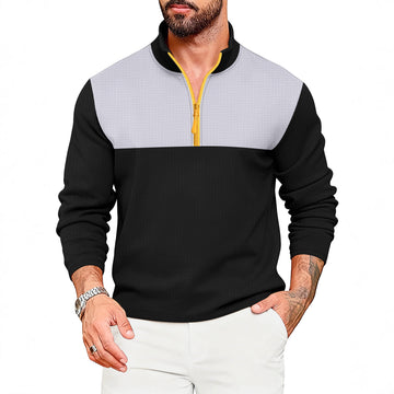 Mens Casual Sporty Color-Block Long-Sleeve Turtleneck Half-Zip Top