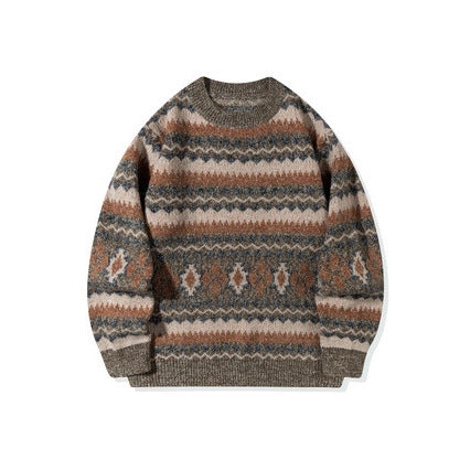 Mens Thickened Crew-Neck Pullover Sweater With Printed Design And Relaxed Fit
