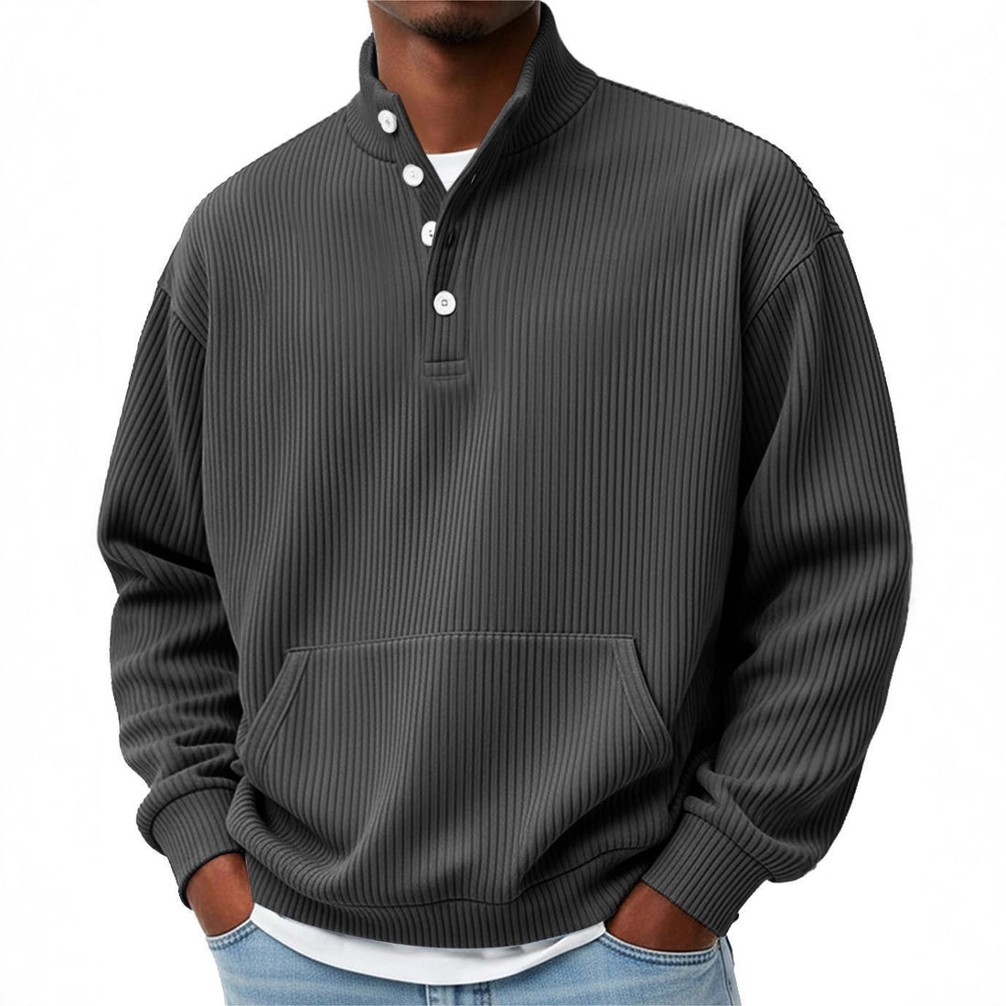 Mens Solid-Color Turtleneck Casual Long-Sleeve Polo Sweatshirt