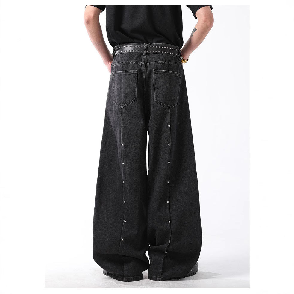 New Mens American-style Vintage Distressed Straight-leg Denim Jeans With Rivets And A Washed Finish