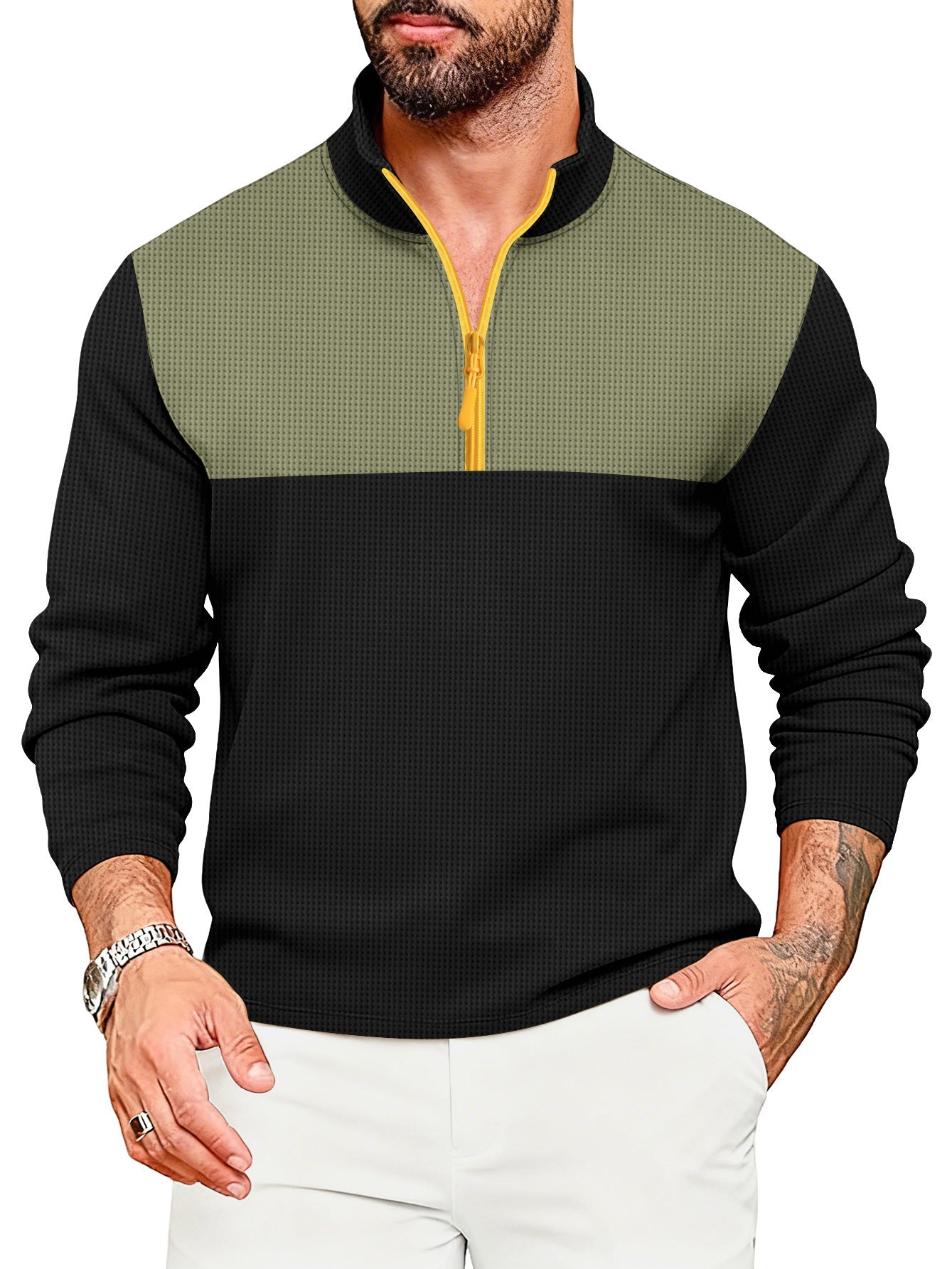 Mens Casual Sporty Color-Block Long-Sleeve Turtleneck Half-Zip Top