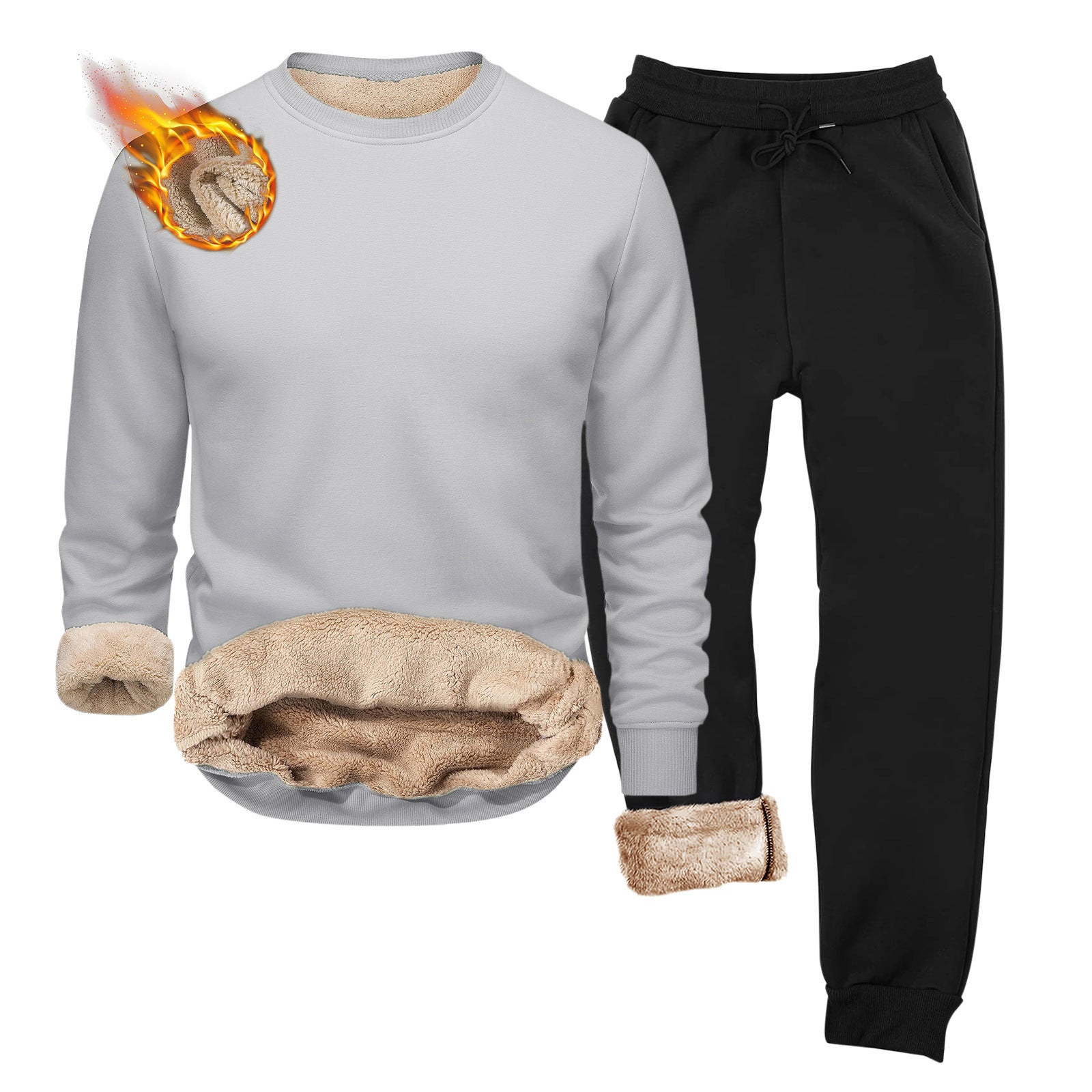 European And American-style Crew-neck Fleece-lined, Heavyweight Long-sleeve Hoodie And Sweatpants Two-piece Athletic Set