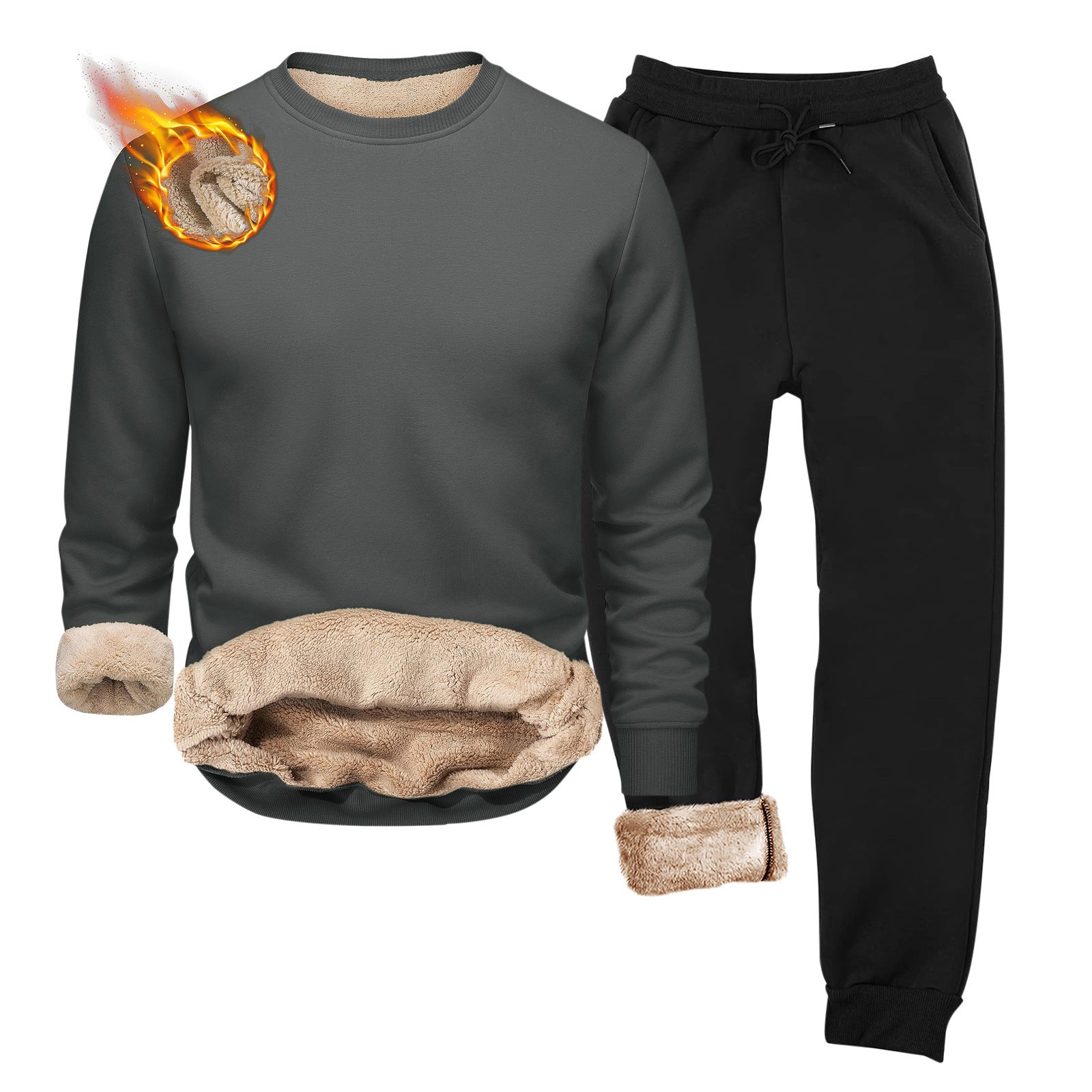 European And American-style Crew-neck Fleece-lined, Heavyweight Long-sleeve Hoodie And Sweatpants Two-piece Athletic Set