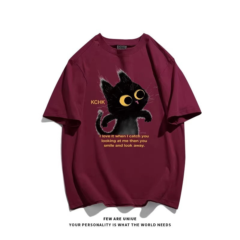 Cute Animal Print Black Cat Loose Fitting Versatile Top For Instagram