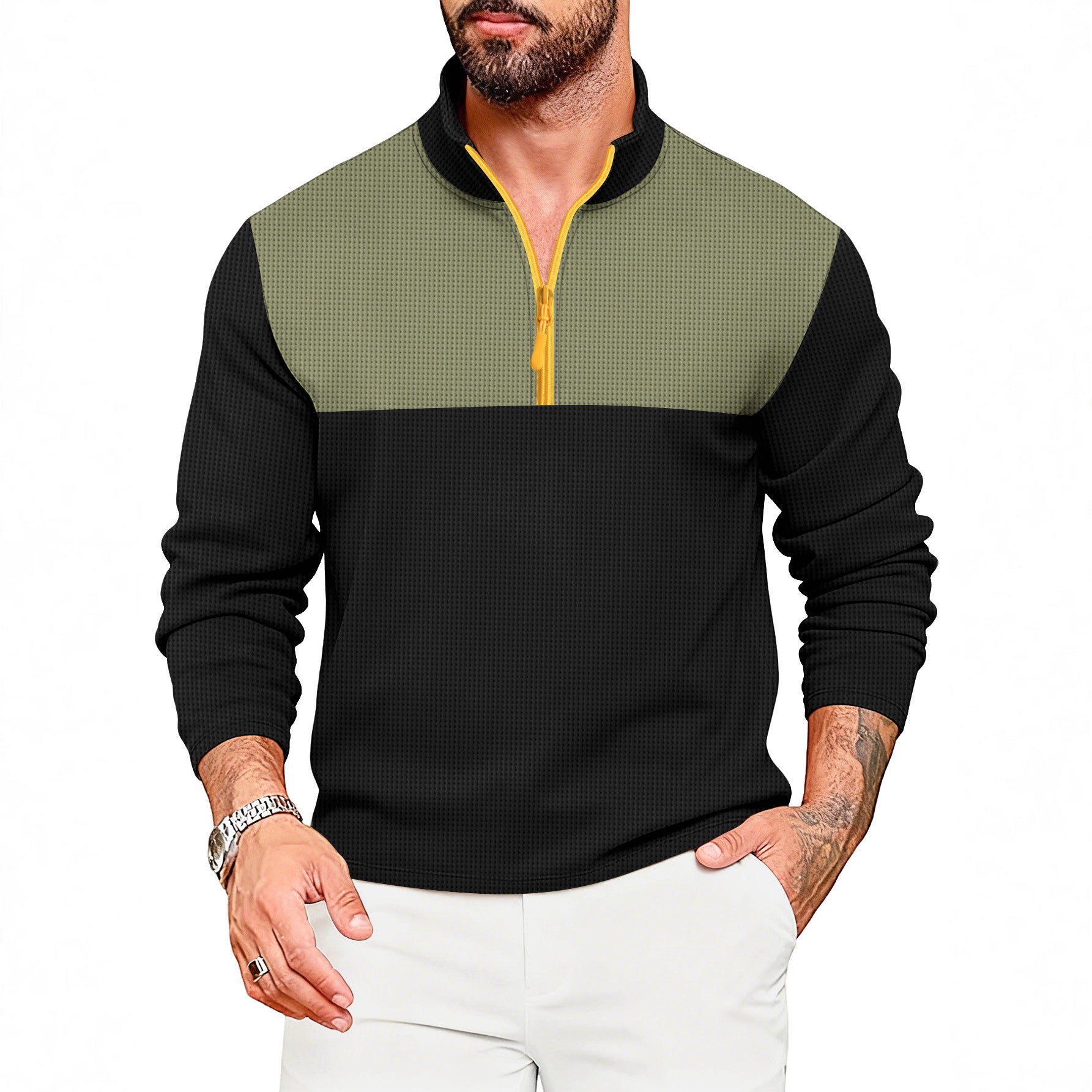 Mens Casual Sporty Color-Block Long-Sleeve Turtleneck Half-Zip Top
