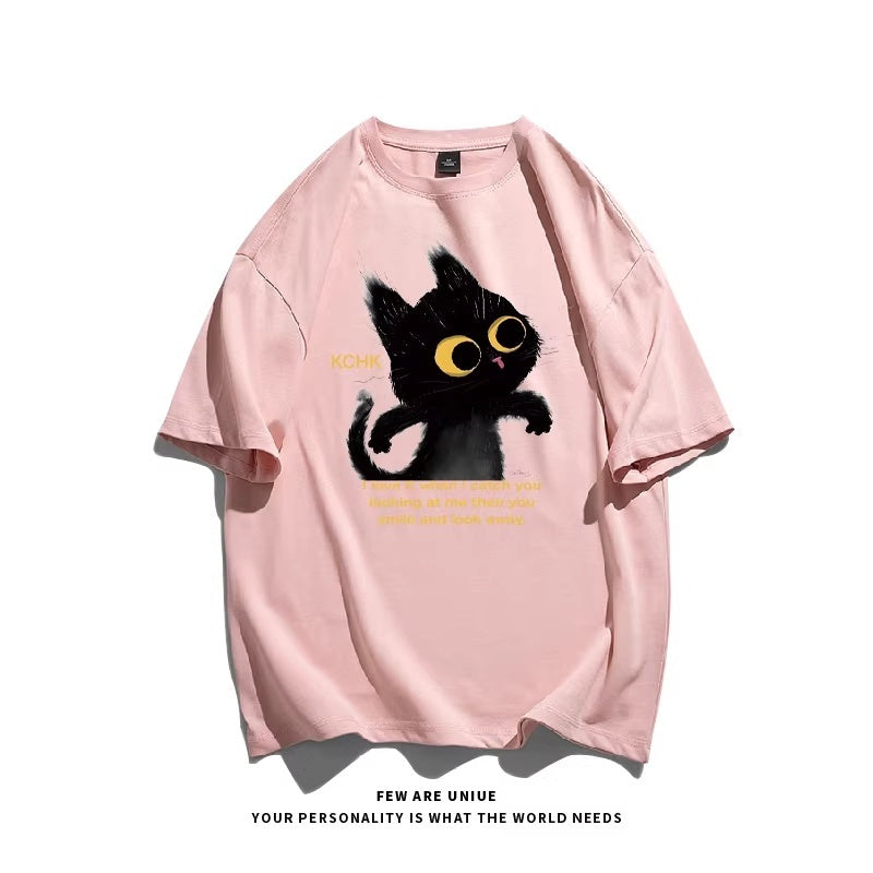 Cute Animal Print Black Cat Loose Fitting Versatile Top For Instagram