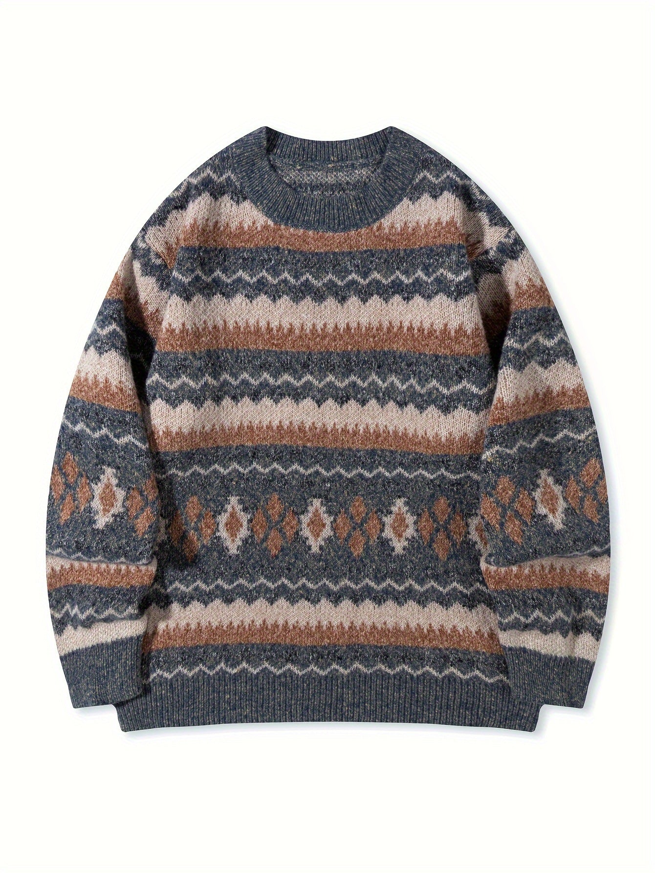 Mens Thickened Crew-Neck Pullover Sweater With Printed Design And Relaxed Fit