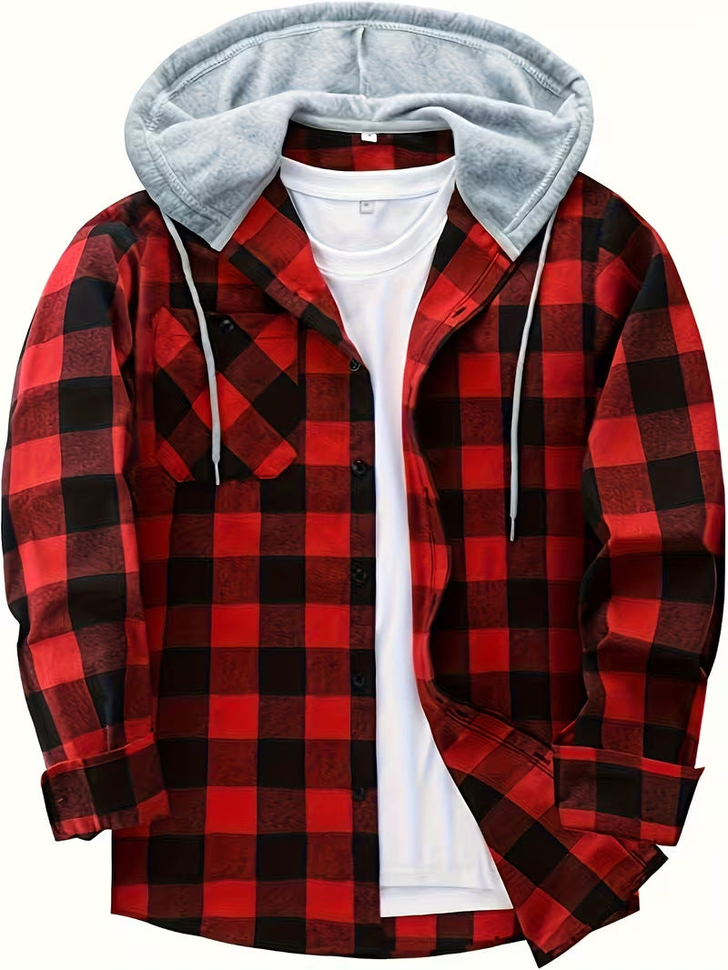 New Mens Long-sleeve Plaid Hoodie Shirt