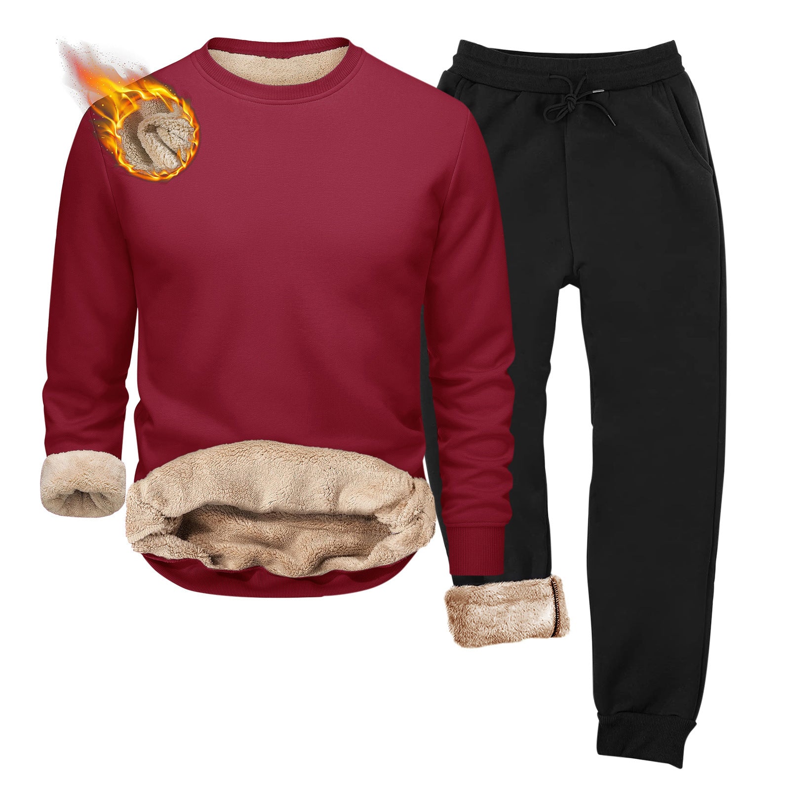 European And American-style Crew-neck Fleece-lined, Heavyweight Long-sleeve Hoodie And Sweatpants Two-piece Athletic Set