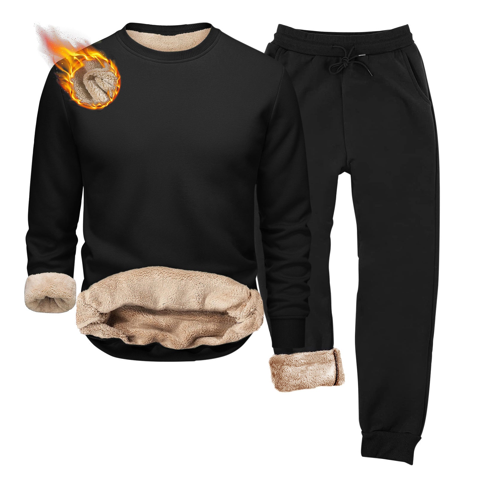 European And American-style Crew-neck Fleece-lined, Heavyweight Long-sleeve Hoodie And Sweatpants Two-piece Athletic Set