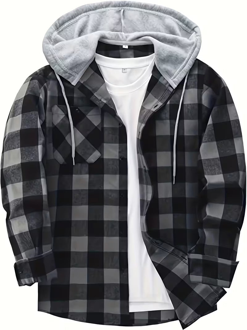 New Mens Long-sleeve Plaid Hoodie Shirt