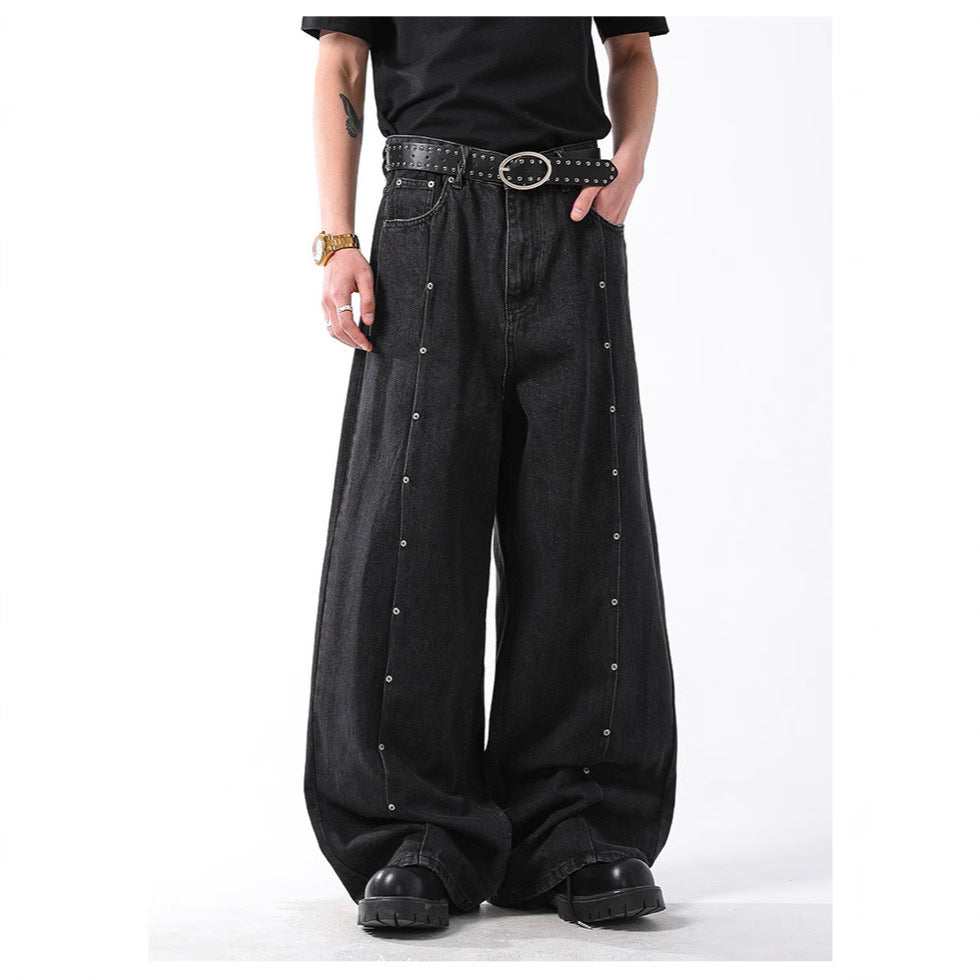 New Mens American-style Vintage Distressed Straight-leg Denim Jeans With Rivets And A Washed Finish