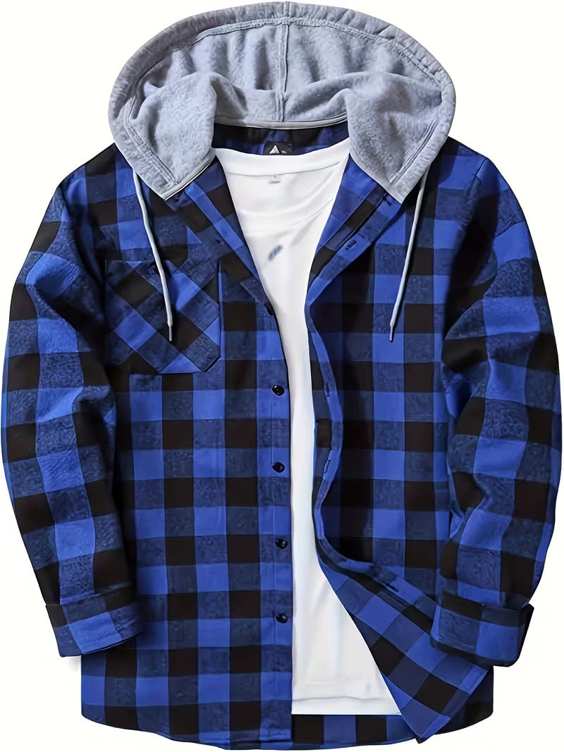 New Mens Long-sleeve Plaid Hoodie Shirt