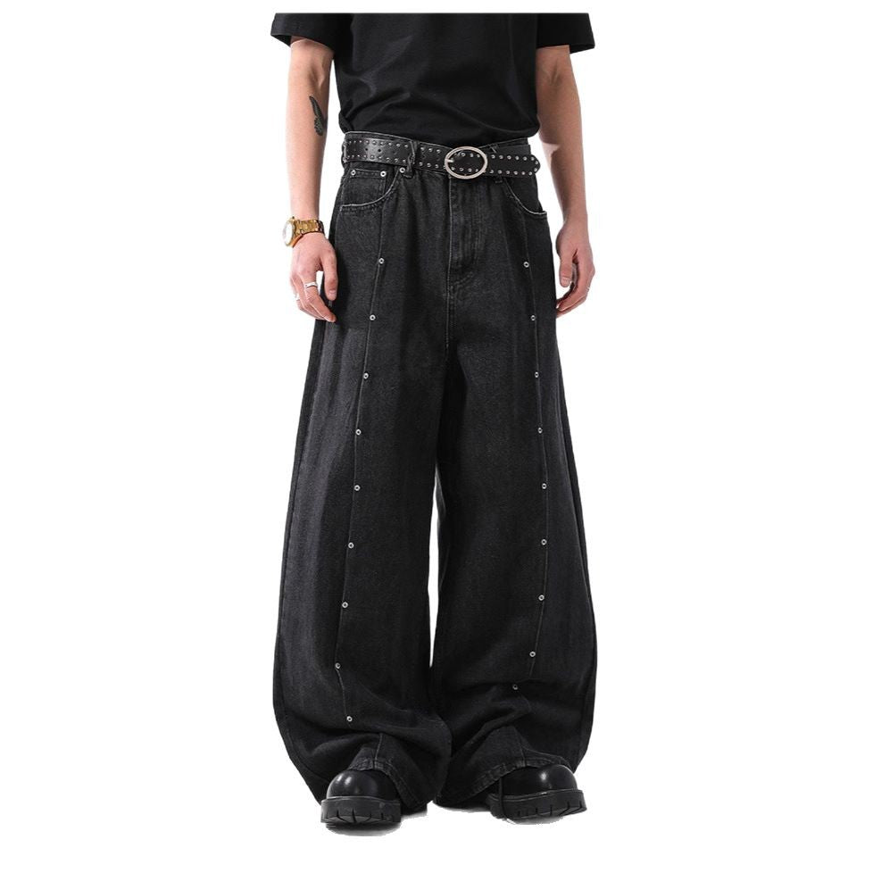 New Mens American-style Vintage Distressed Straight-leg Denim Jeans With Rivets And A Washed Finish