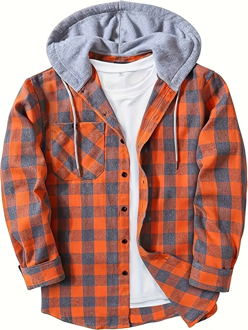 New Mens Long-sleeve Plaid Hoodie Shirt